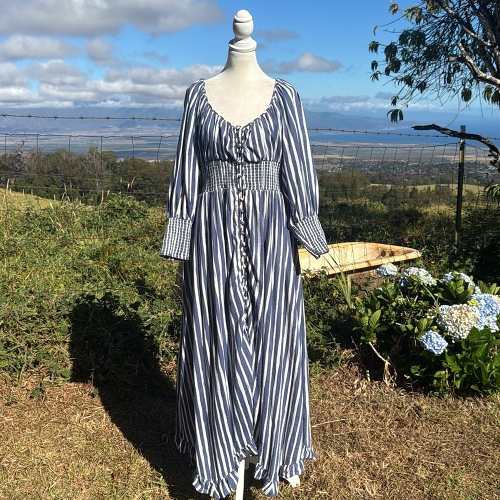 Anthropologie Navy and White Striped Midi Dress